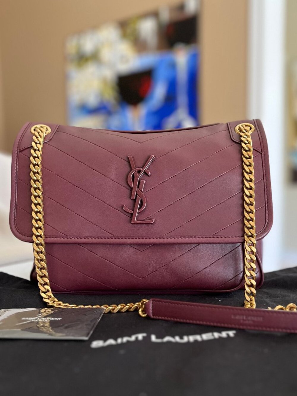 YSL Saint Laurent Rouge Legion/Gold Niki Quilted Leather Bag - Sz M - Authentic